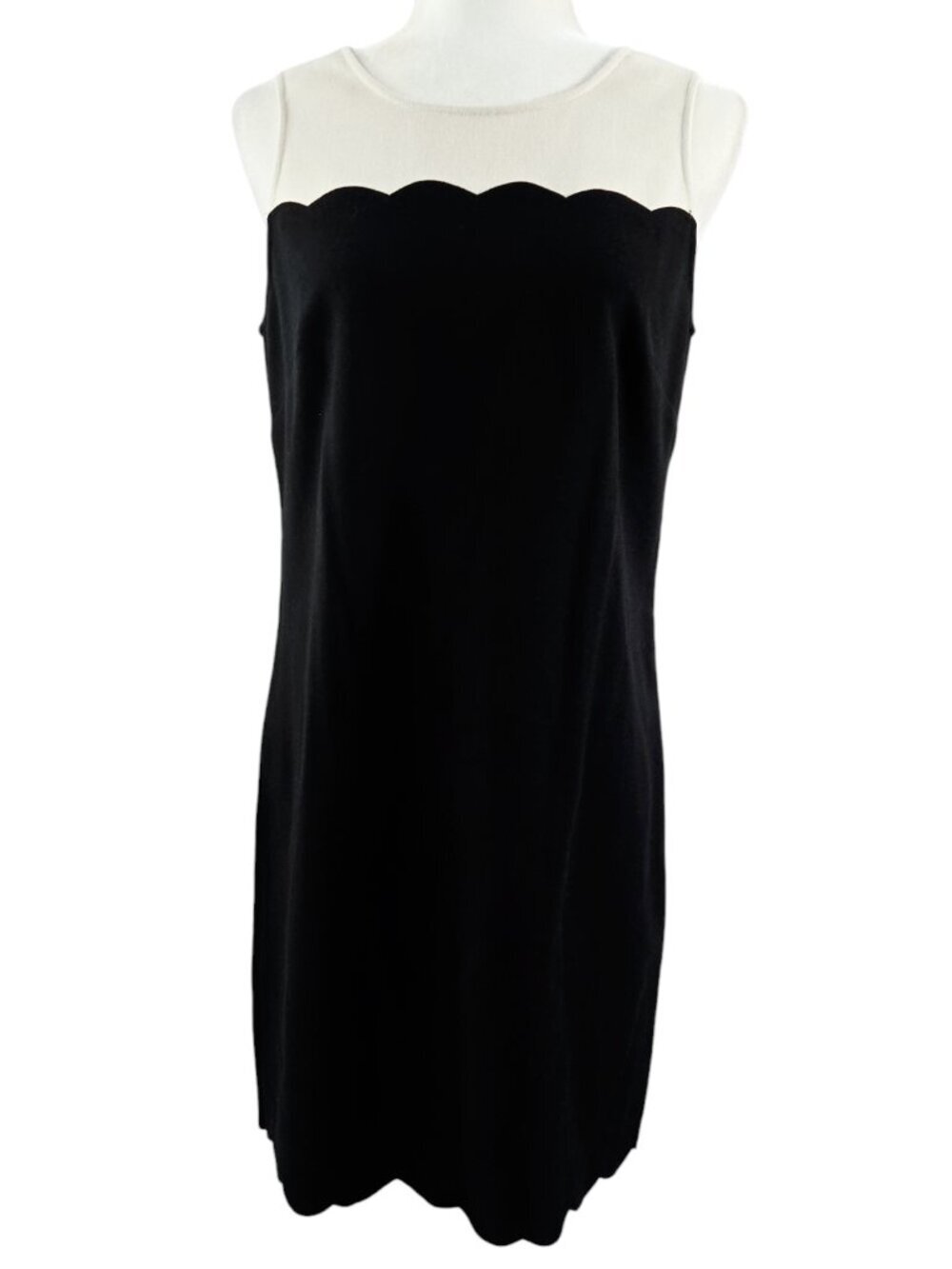 LOFT Black Cream Scallop Trim Sleeveless Sheath Dress Retro Look Whimsical